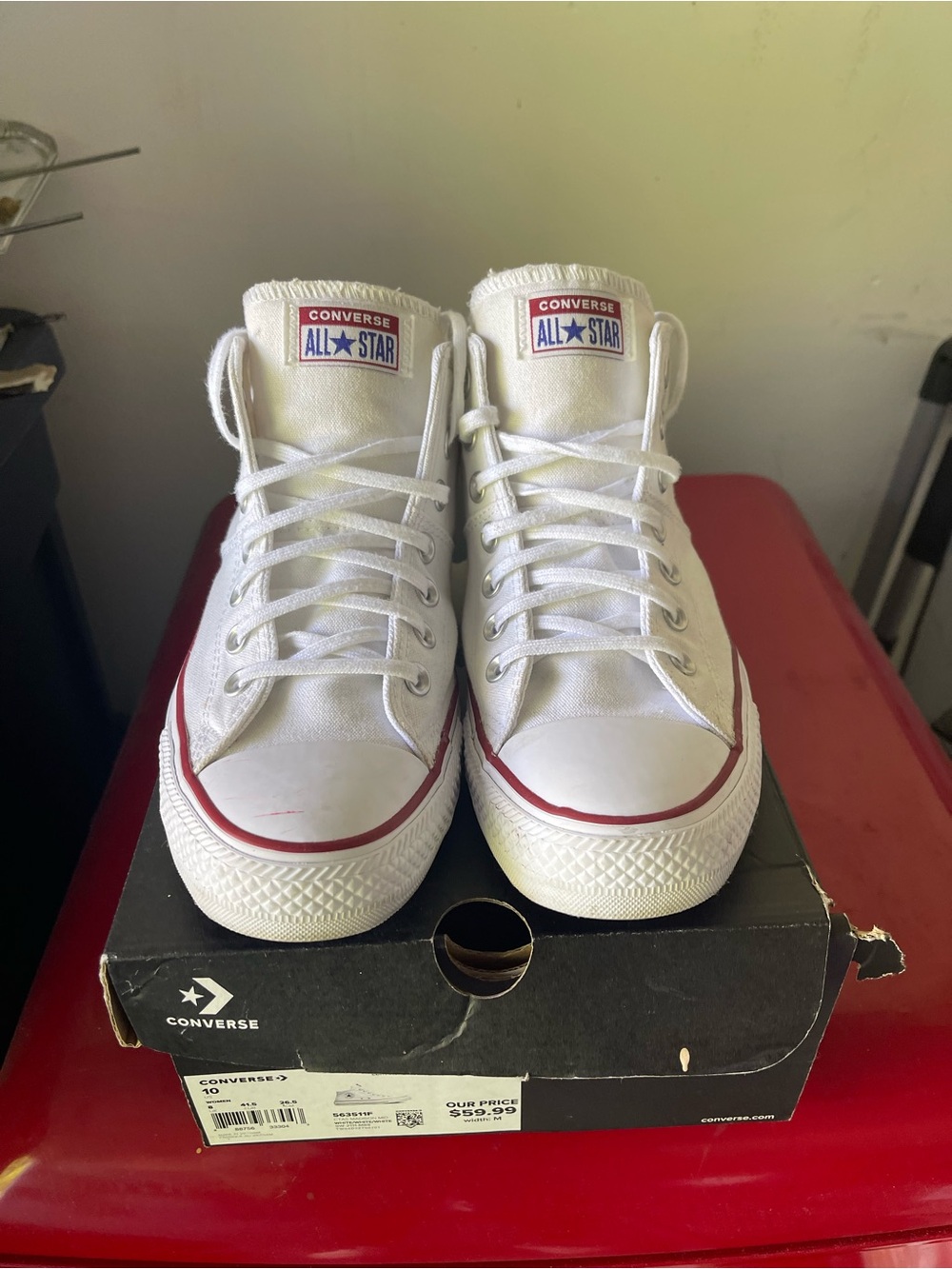 Converse White High-Top Sneakers with Red Trim